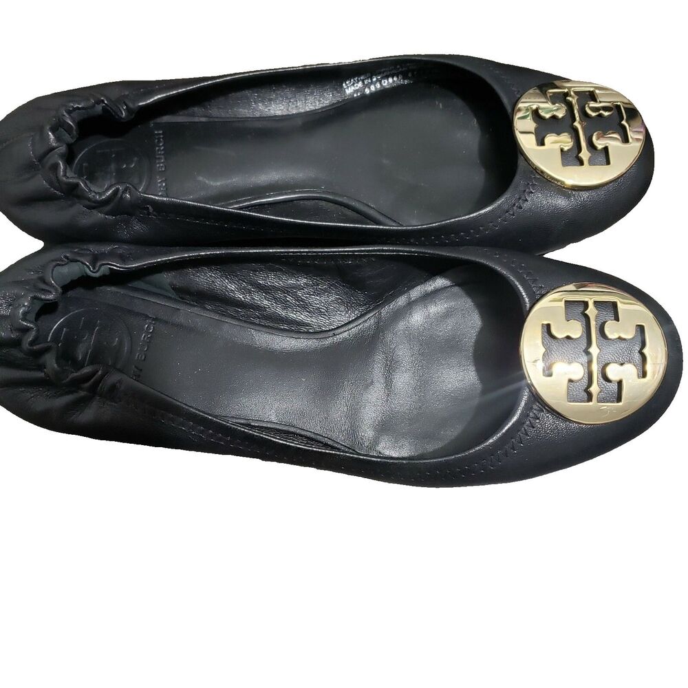 Tory Burch Black Flat Shoes Gold Logo 8M - Picture 1 of 12